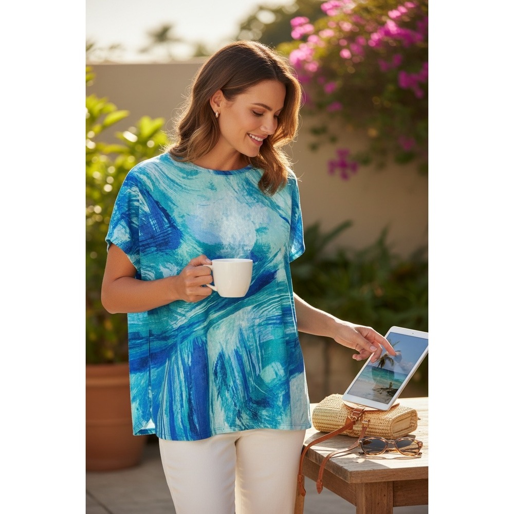 Chico's Weekends Relaxed‎ Tee Top Sz 3 (XL/16) Blue Abstract Print 282K